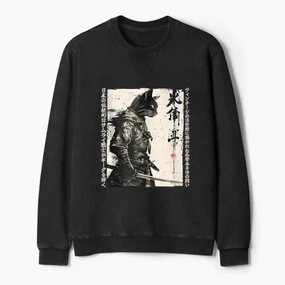 Tokyo-Tiger Cat Samurai Retro Washed Terry Sweatshirt