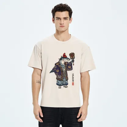 Tokyo-Tiger Fish Chef Holds Decorative Hand Fan Washed T-Shirt