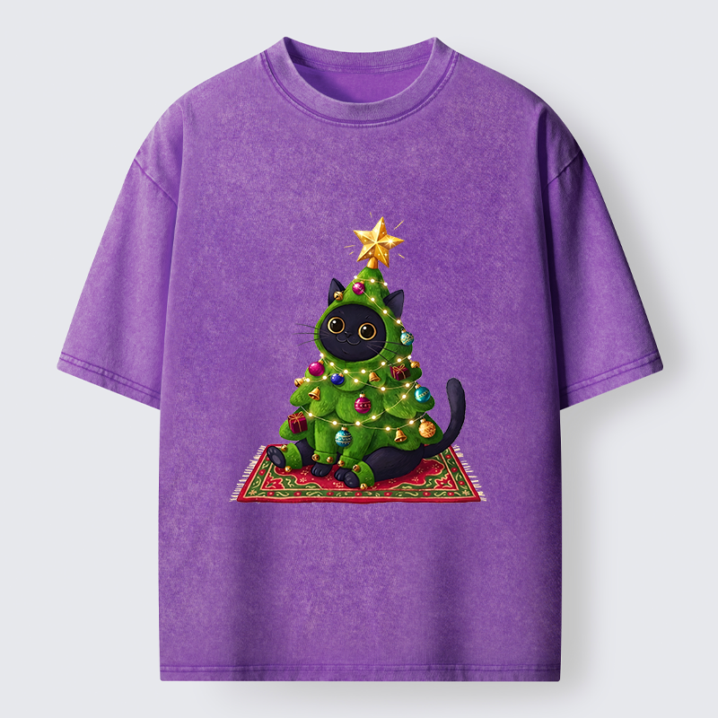 Tokyo-Tiger Cute Christmas Tree Cat Washed T-Shirt