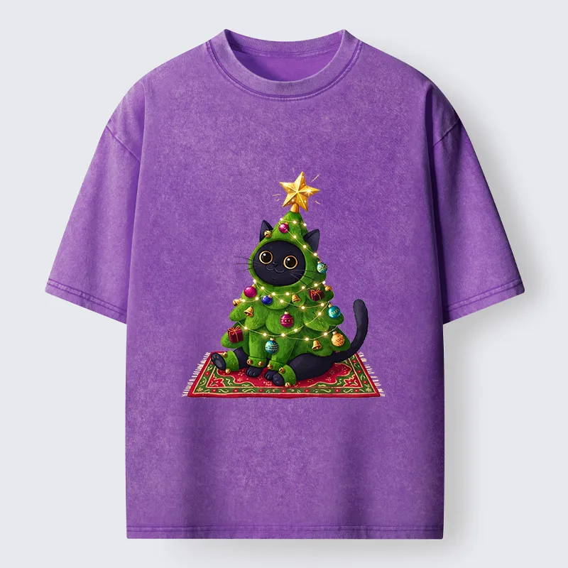 Tokyo-Tiger Cute Christmas Tree Cat Washed T-Shirt