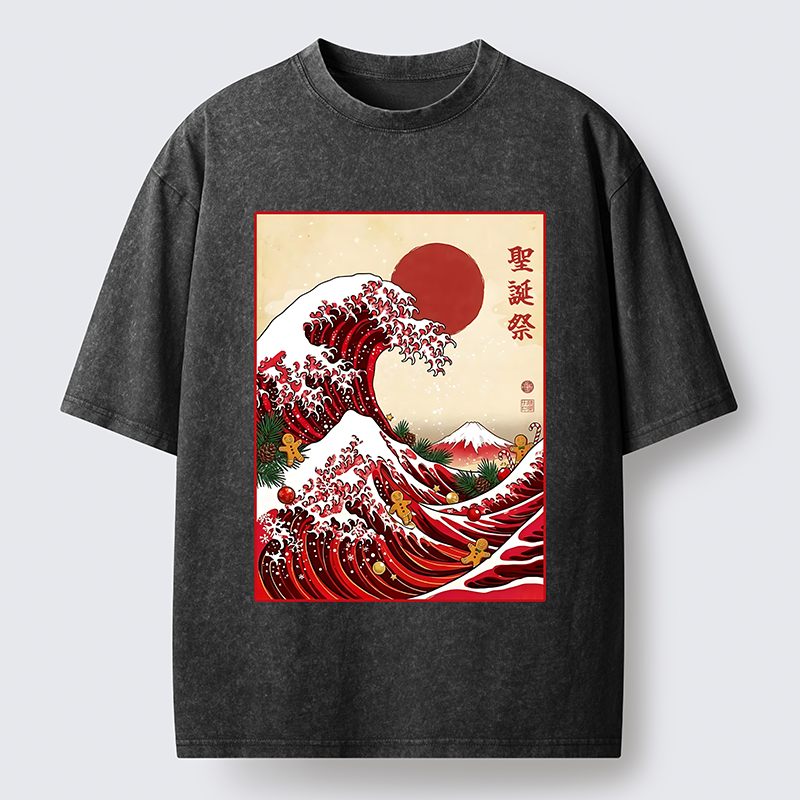 Tokyo-Tiger Gingerbread Surf Christmas Wave Washed T-Shirt
