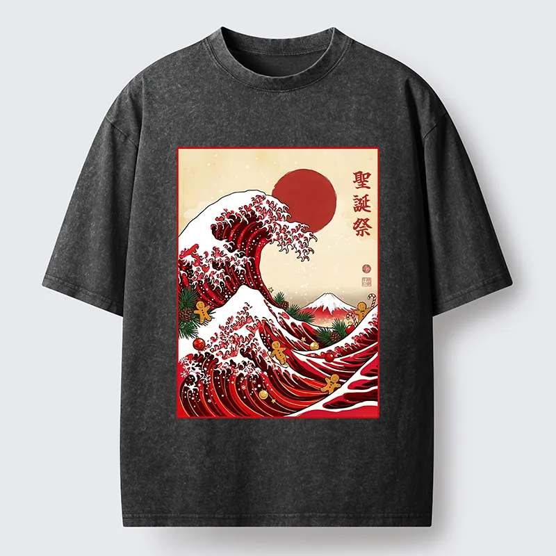 Tokyo-Tiger Gingerbread Surf Christmas Wave Washed T-Shirt