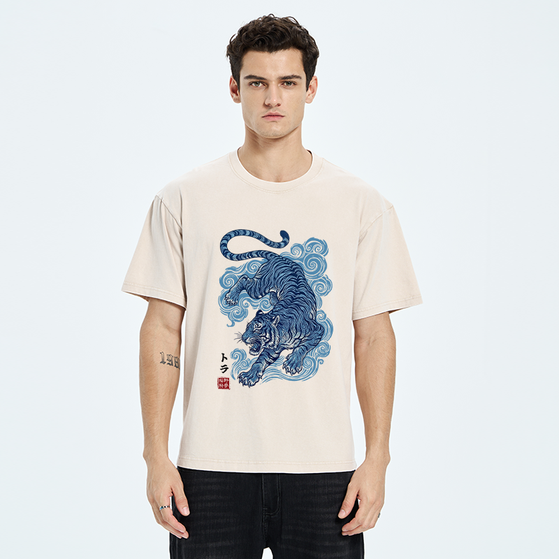Tokyo-Tiger Japanese Blue Tiger Wave Art Washed T-Shirt