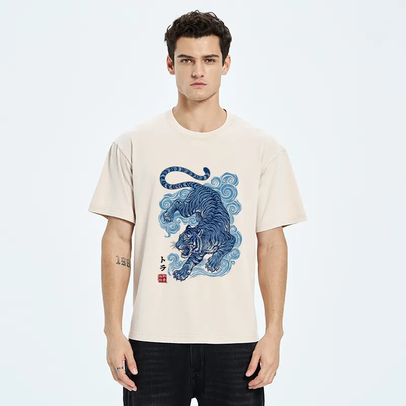 Tokyo-Tiger Japanese Blue Tiger Wave Art Washed T-Shirt