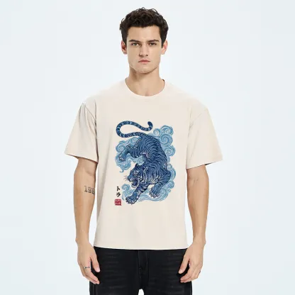 Tokyo-Tiger Japanese Blue Tiger Wave Art Washed T-Shirt