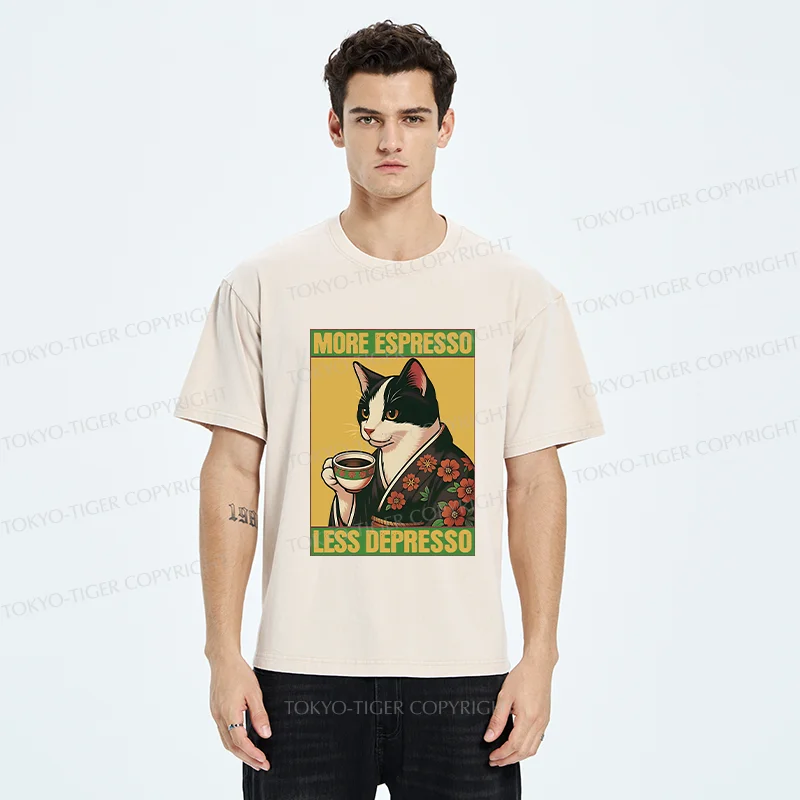 Tokyo-Tiger Tuxedo Cat Drinking Coffee Washed T-Shirt