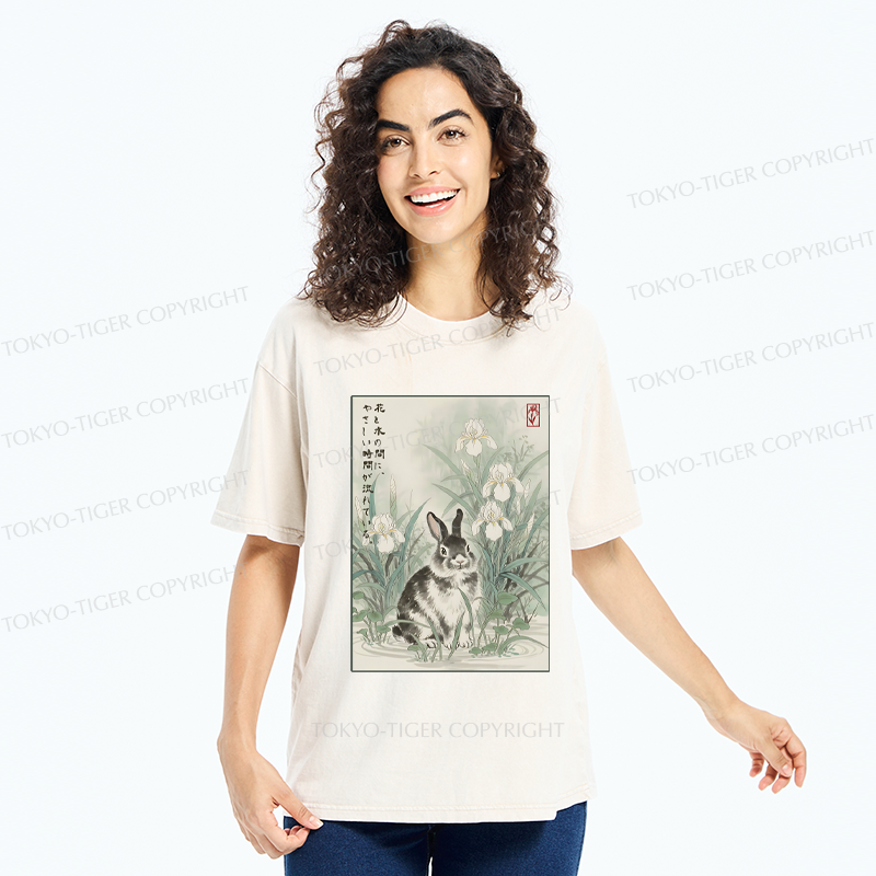 Tokyo-Tiger Little Rabbit Beneath the Blooming Irises Washed T-Shirt