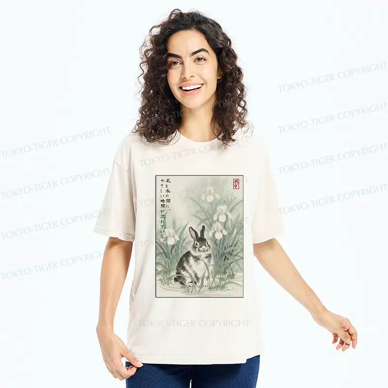Tokyo-Tiger Little Rabbit Beneath the Blooming Irises Washed T-Shirt