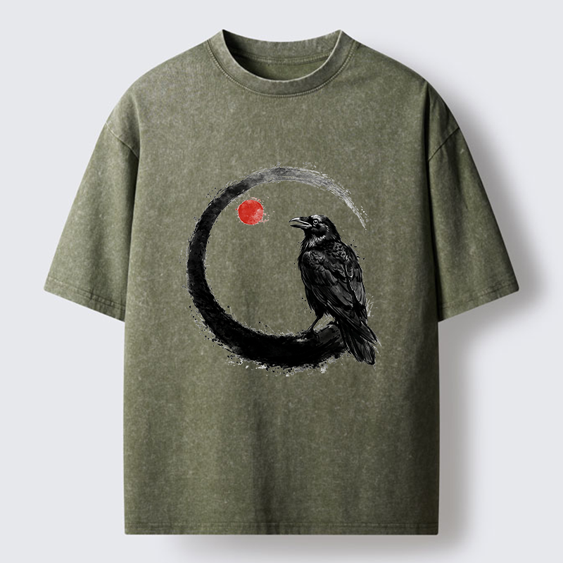 Tokyo-Tiger Japanese Circle Crow Scene Washed T-Shirt