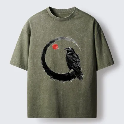 Tokyo-Tiger Japanese Circle Crow Scene Washed T-Shirt