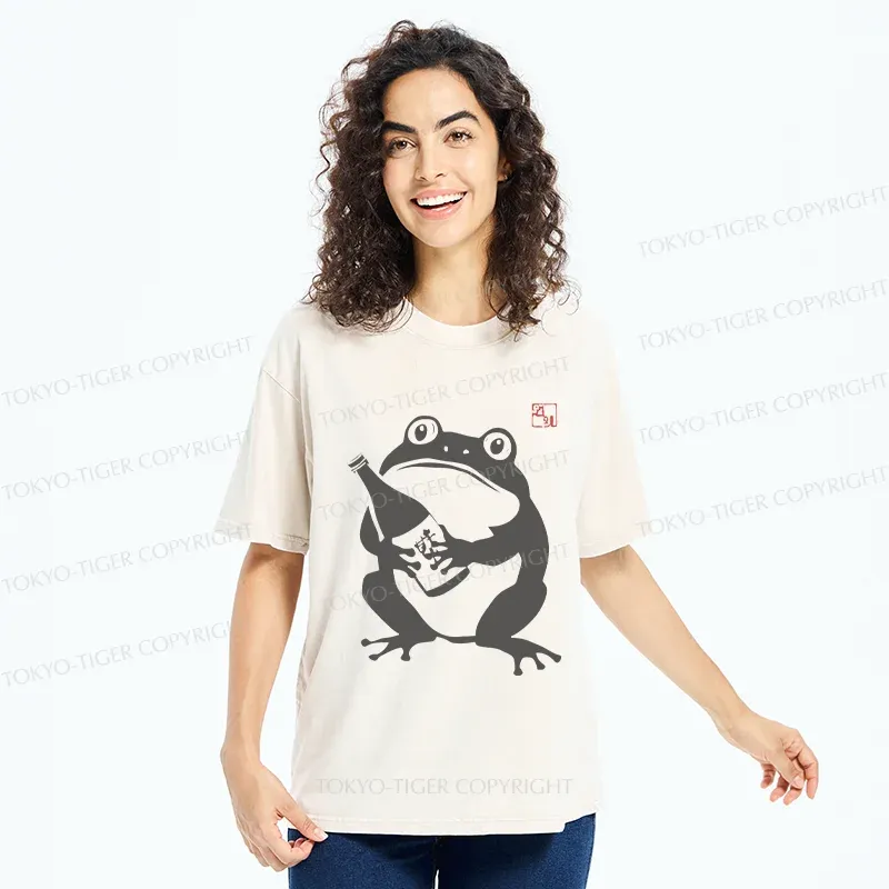 Tokyo-Tiger Retro Frog Holding Wine Washed T-Shirt