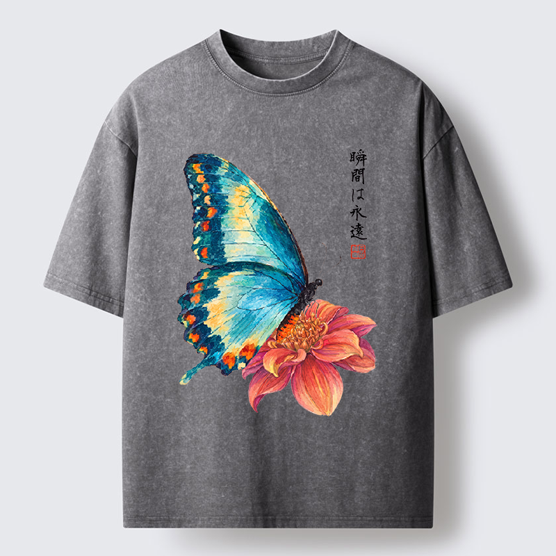 Tokyo-Tiger Flower Butterfly Vibe Washed T-Shirt