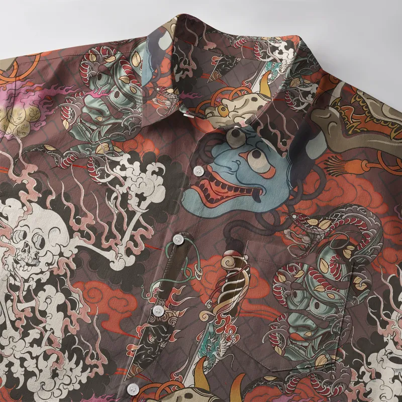 Tokyo-Tiger Japanese Oni Mask Button-up Shirt