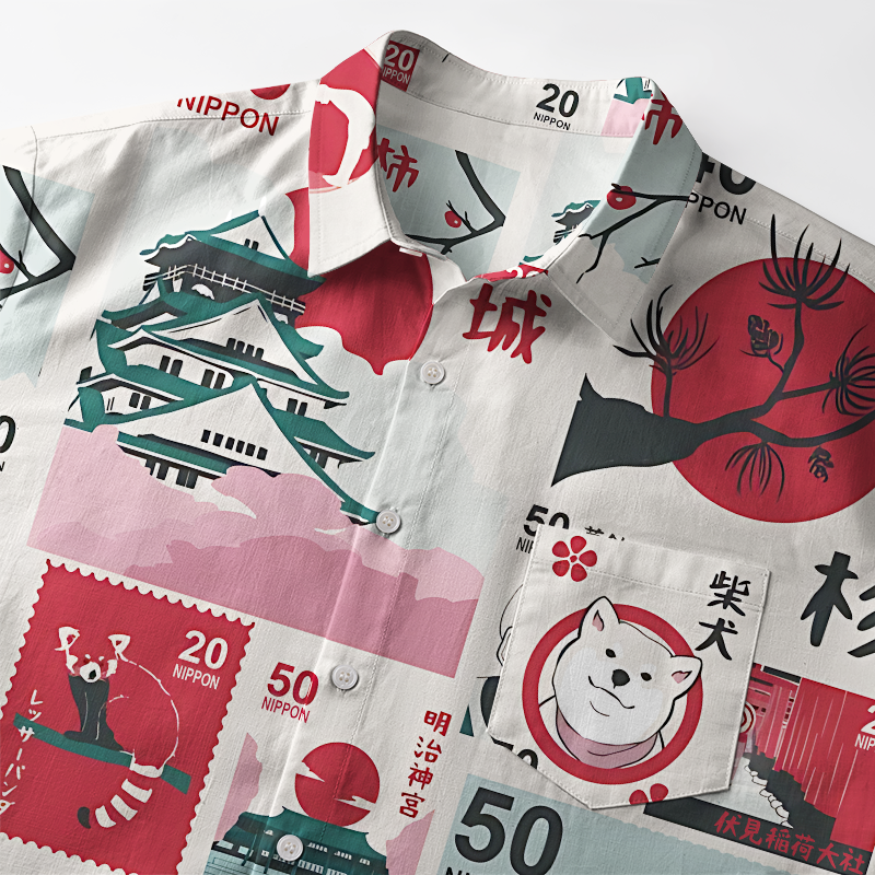 Tokyo-Tiger Japanese Stamps Button-up Shirt