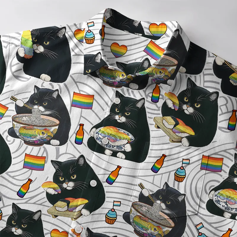 Tokyo-Tiger Pride Cat Eating Japanese Food Button-up Shirt