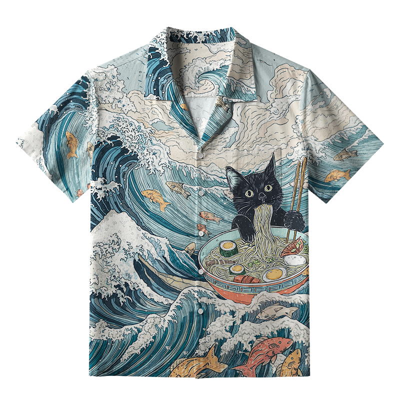Tokyo-Tiger Naughty Cat Eating Ramen Aloha Hawaiian Shirt