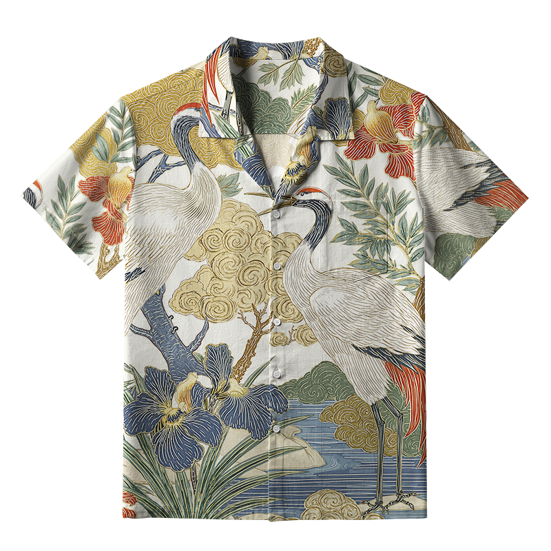 Tokyo-Tiger Red-Crowned Cranes By The Stream Aloha Hawaiian Shirt