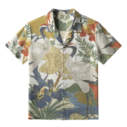 Tokyo-Tiger Red-Crowned Cranes By The Stream Aloha Hawaiian Shirt