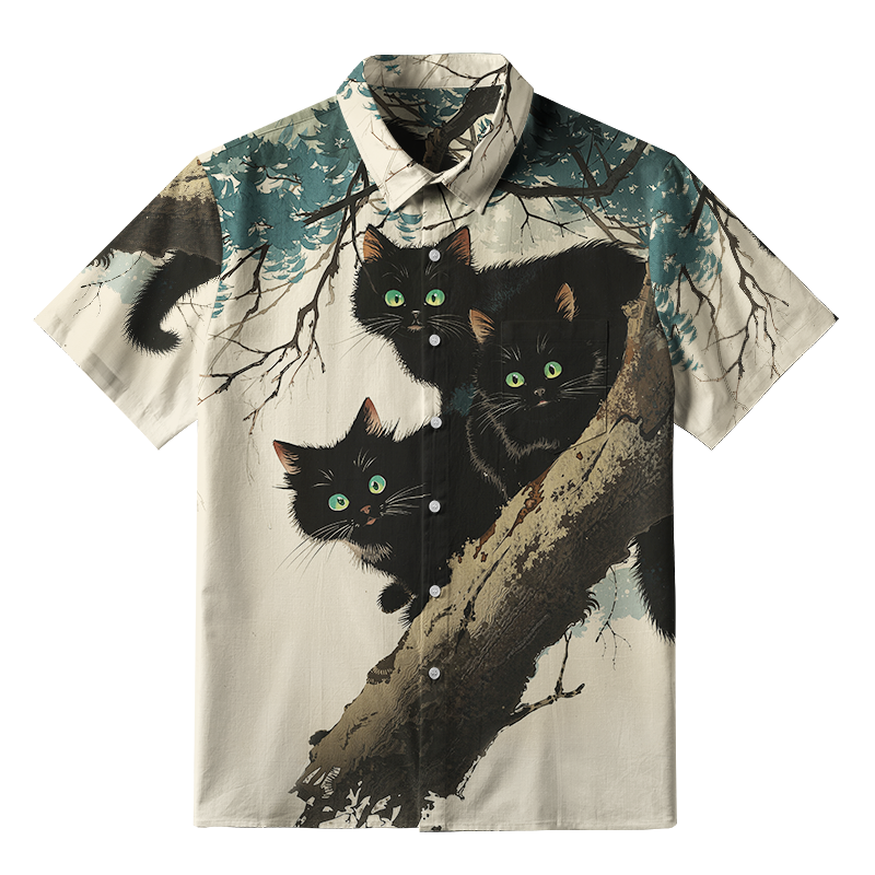 Tokyo-Tiger Three Shocked Cats On A Branch Button-up Shirt