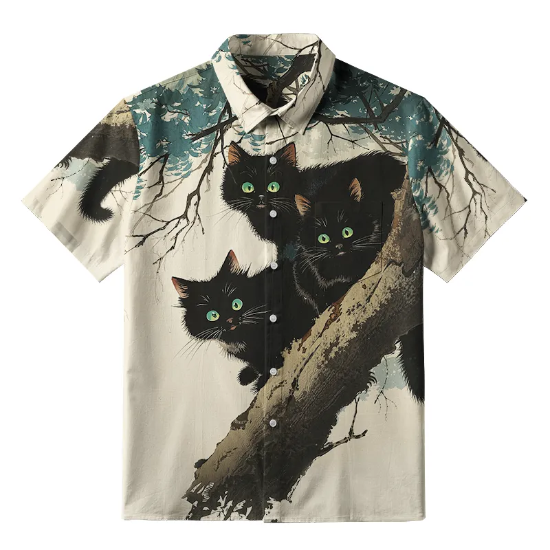 Tokyo-Tiger Three Shocked Cats On A Branch Button-up Shirt