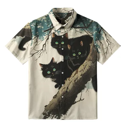Tokyo-Tiger Three Shocked Cats On A Branch Button-up Shirt