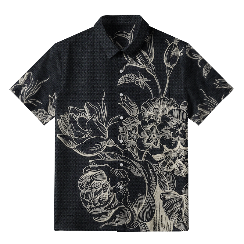 Tokyo-Tiger Monochrome Floral Elegance Button-up Shirt