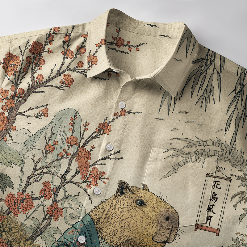 Tokyo-Tiger Capybara Enjoying Sushi Feast Button-up Shirt