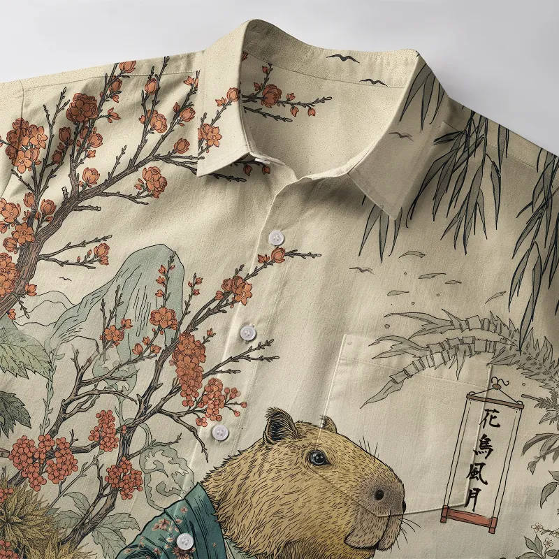 Tokyo-Tiger Capybara Enjoying Sushi Feast Button-up Shirt