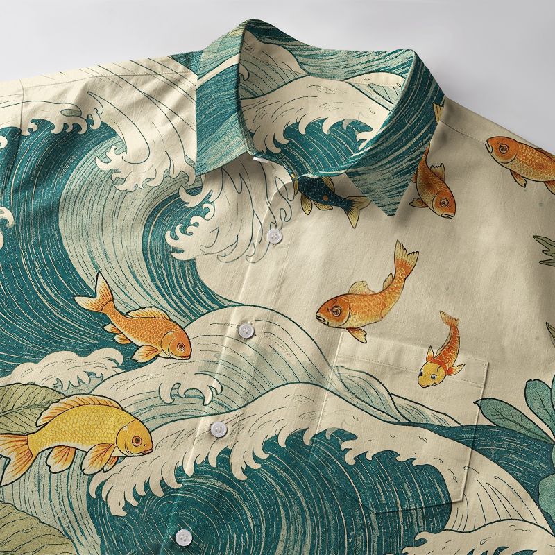 Tokyo-Tiger Koi Meets Ocean Waves Button-up Shirt
