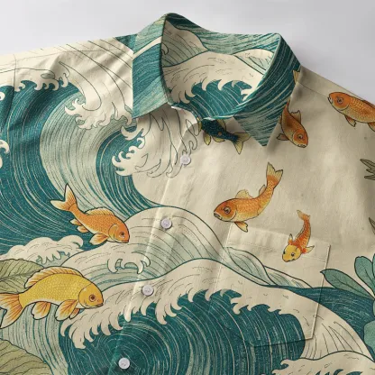 Tokyo-Tiger Koi Meets Ocean Waves Button-up Shirt