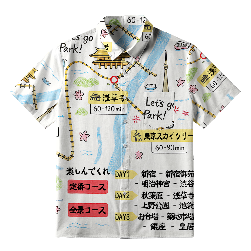 Tokyo-Tiger Tokyo's Famous Attractions Roadmap White Button-up Shirt