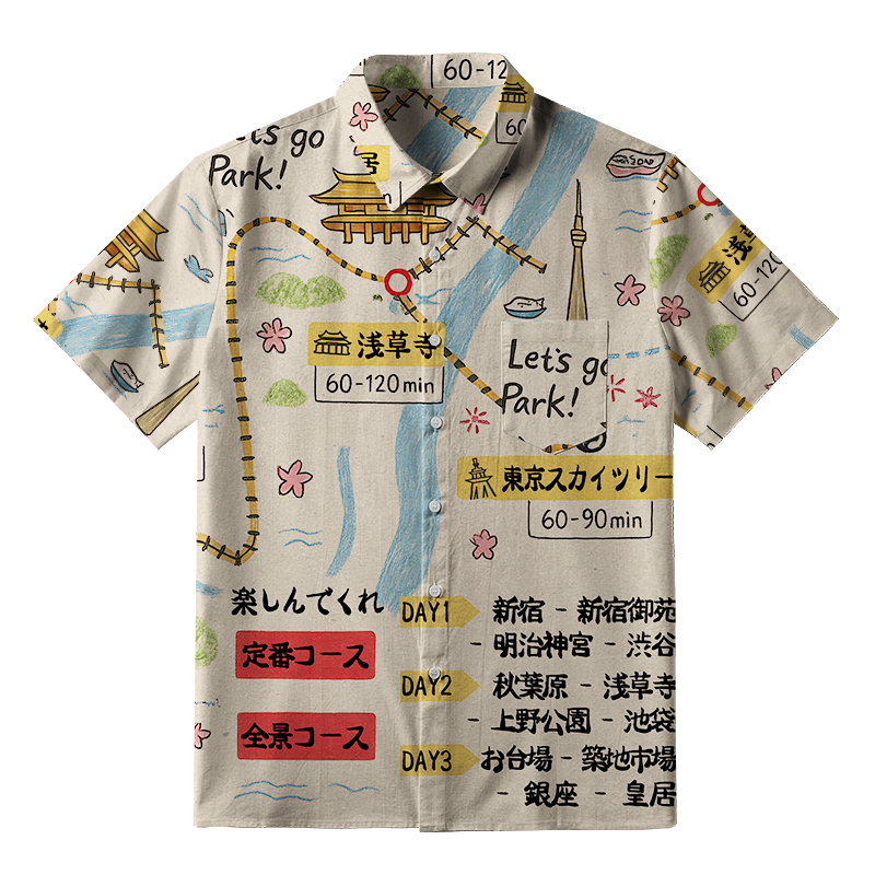 Tokyo-Tiger Tokyo's Famous Attractions Roadmap Button-up Shirt