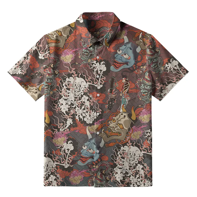 Tokyo-Tiger Japanese Oni Mask Button-up Shirt