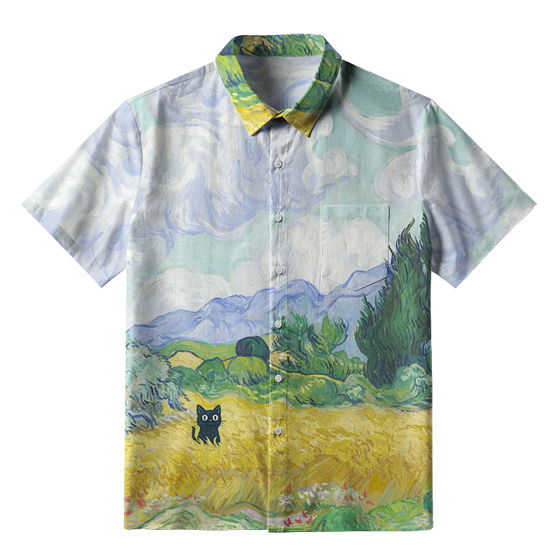 Tokyo-Tiger Black Cat In The Wheat Field Button-up Shirt