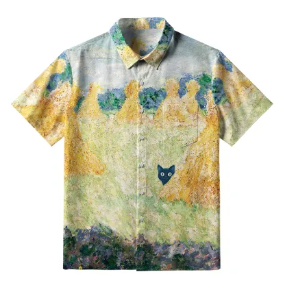 Tokyo-Tiger Black Cat Hiding Behind Haystack Button-up Shirt