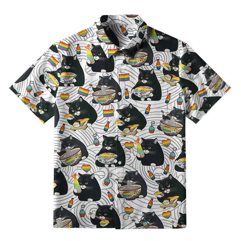 Tokyo-Tiger Pride Cat Eating Japanese Food Button-up Shirt