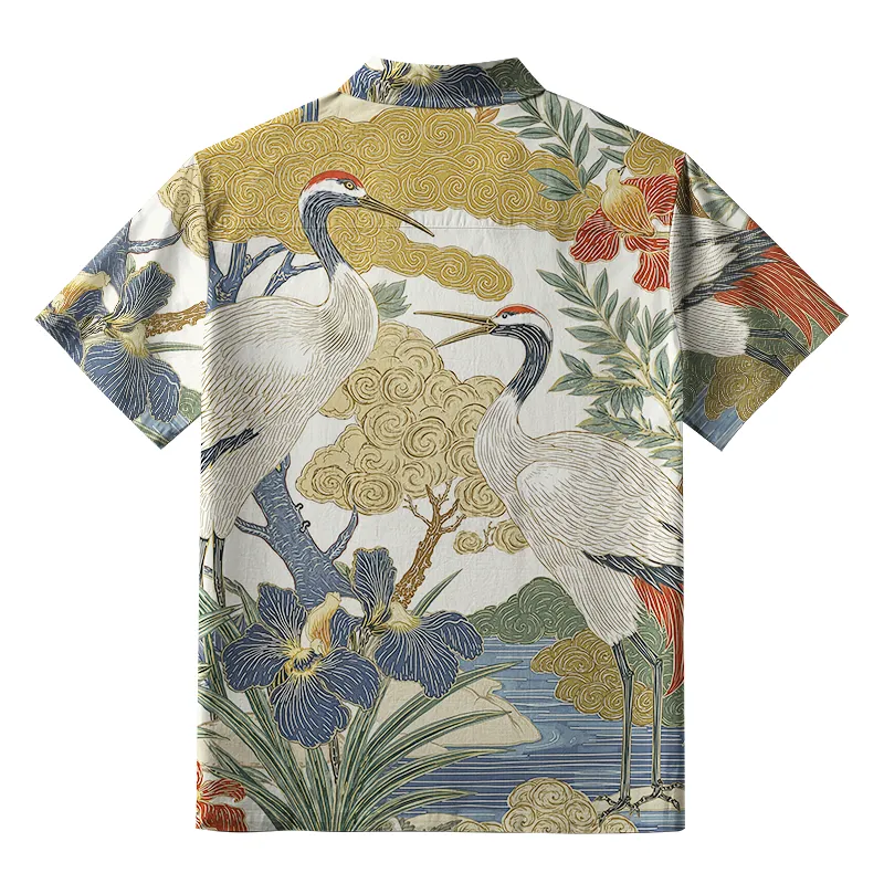 Tokyo-Tiger Red-Crowned Cranes By The Stream Aloha Hawaiian Shirt