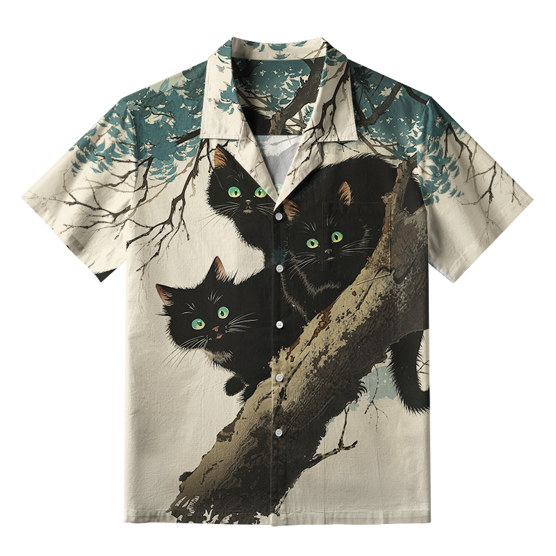 Tokyo-Tiger Three Shocked Cats On A Branch Aloha Hawaiian Shirt