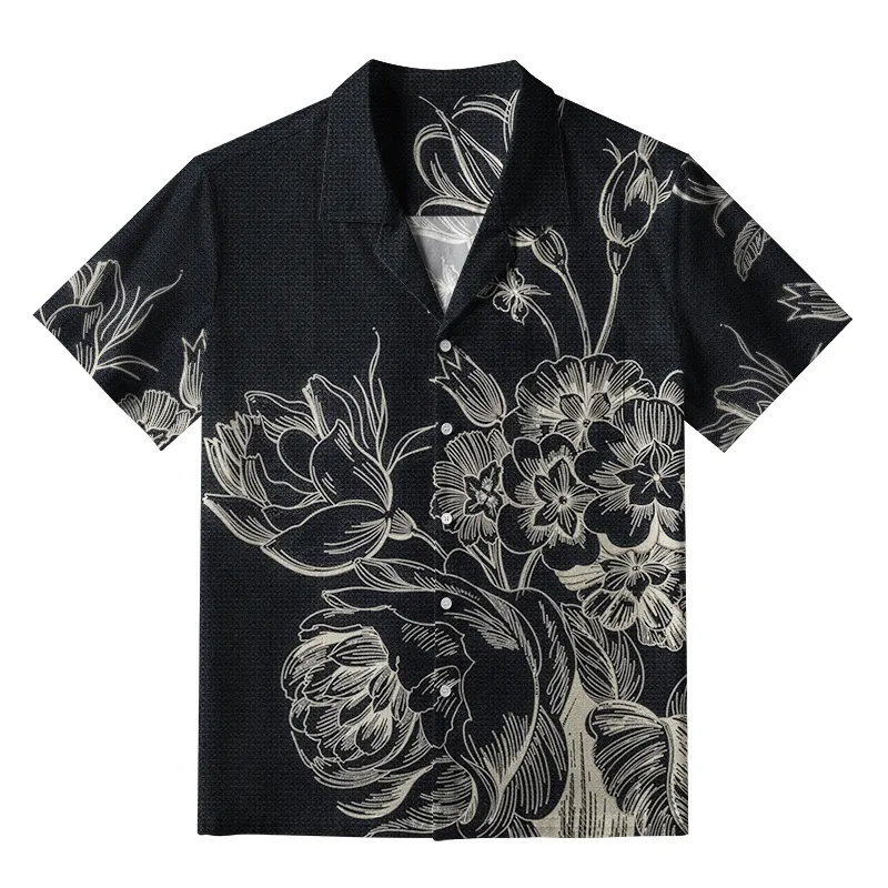 Tokyo-Tiger Monochrome Floral Elegance Aloha Hawaiian Shirt