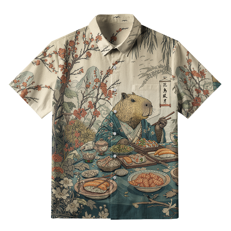 Tokyo-Tiger Capybara Enjoying Sushi Feast Button-up Shirt