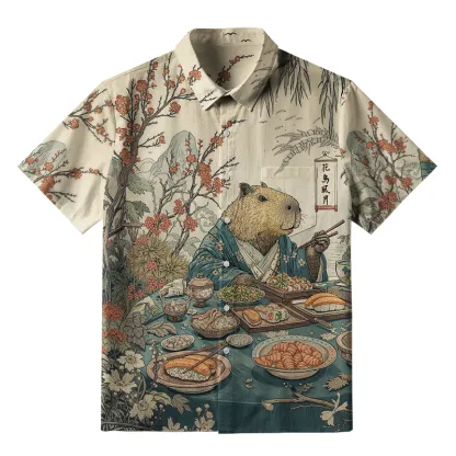 Tokyo-Tiger Capybara Enjoying Sushi Feast Button-up Shirt
