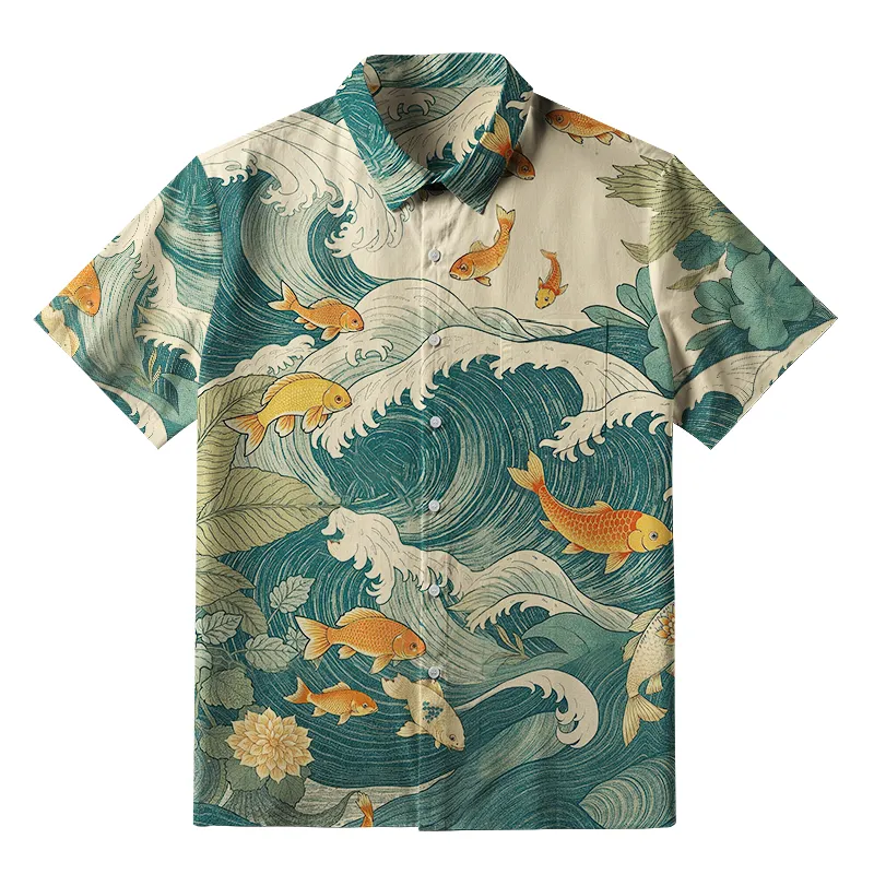 Tokyo-Tiger Koi Meets Ocean Waves Button-up Shirt