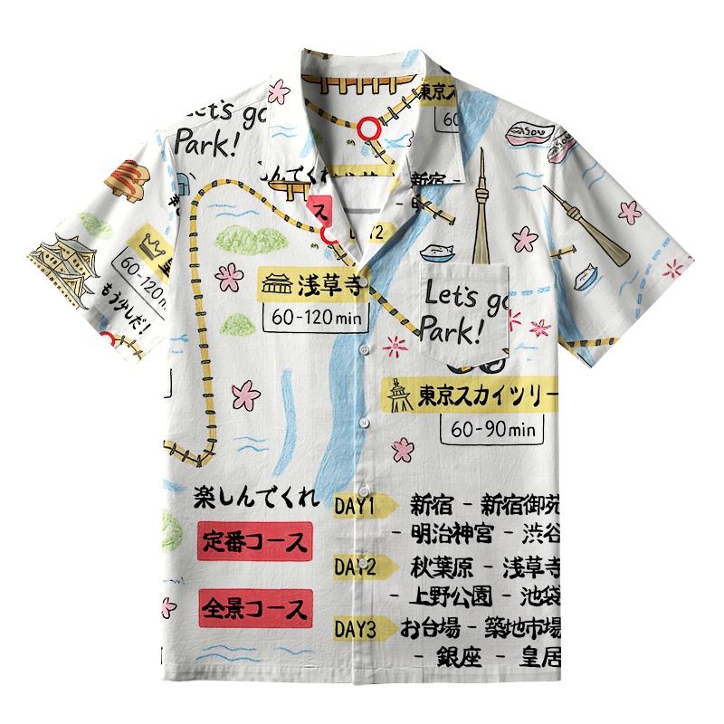 Tokyo-Tiger Tokyo's Famous Attractions Roadmap White Aloha Hawaiian Shirt