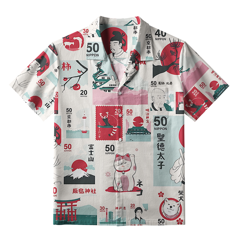 Tokyo-Tiger Japanese Stamps Aloha Hawaiian Shirt