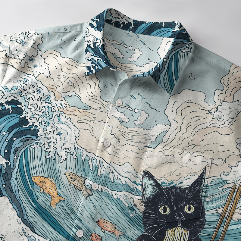 Tokyo-Tiger Naughty Cat Eating Ramen Button-up Shirt