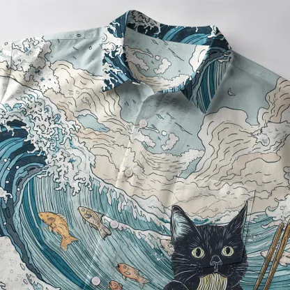 Tokyo-Tiger Naughty Cat Eating Ramen Button-up Shirt