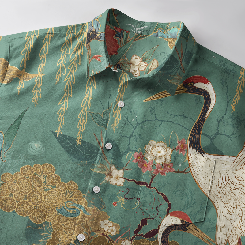 Tokyo-Tiger Red-Crowned Crane In The Garden Button-up Shirt