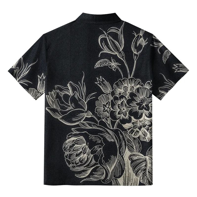 Tokyo-Tiger Monochrome Floral Elegance Aloha Hawaiian Shirt