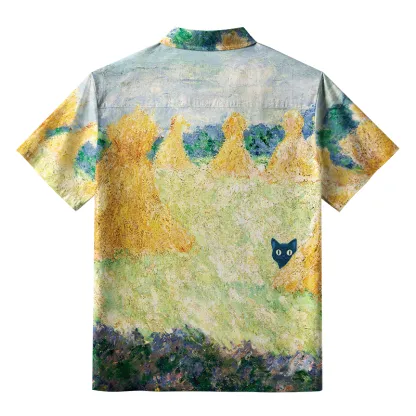 Tokyo-Tiger Black Cat Hiding Behind Haystack Button-up Shirt