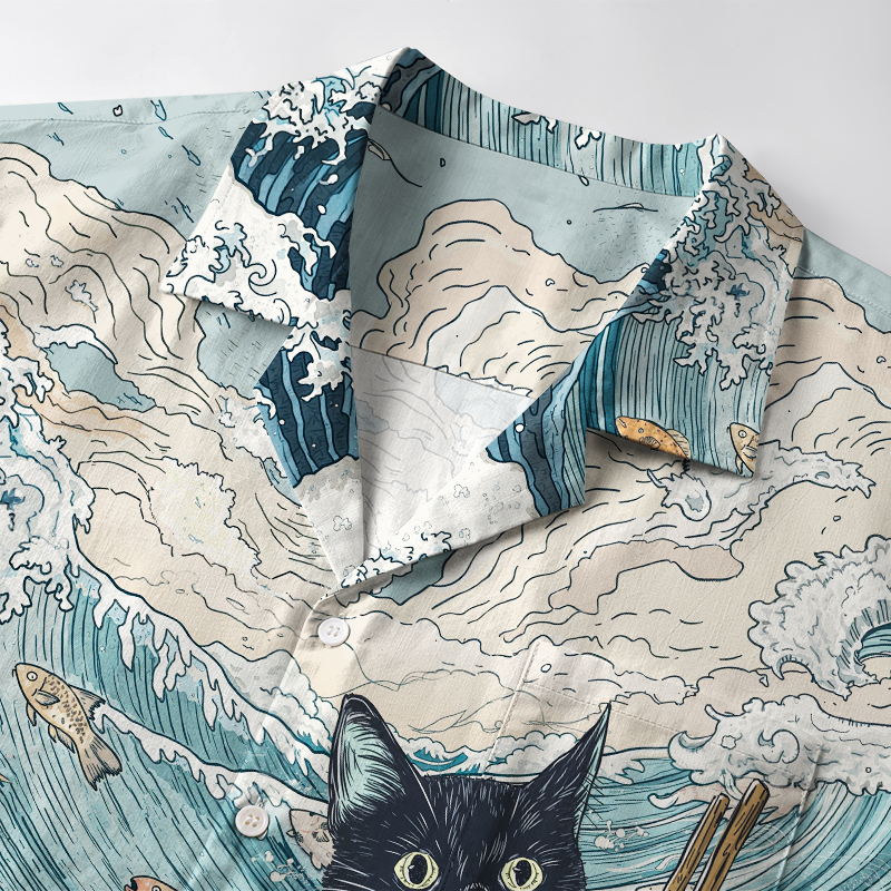 Tokyo-Tiger Naughty Cat Eating Ramen Aloha Hawaiian Shirt